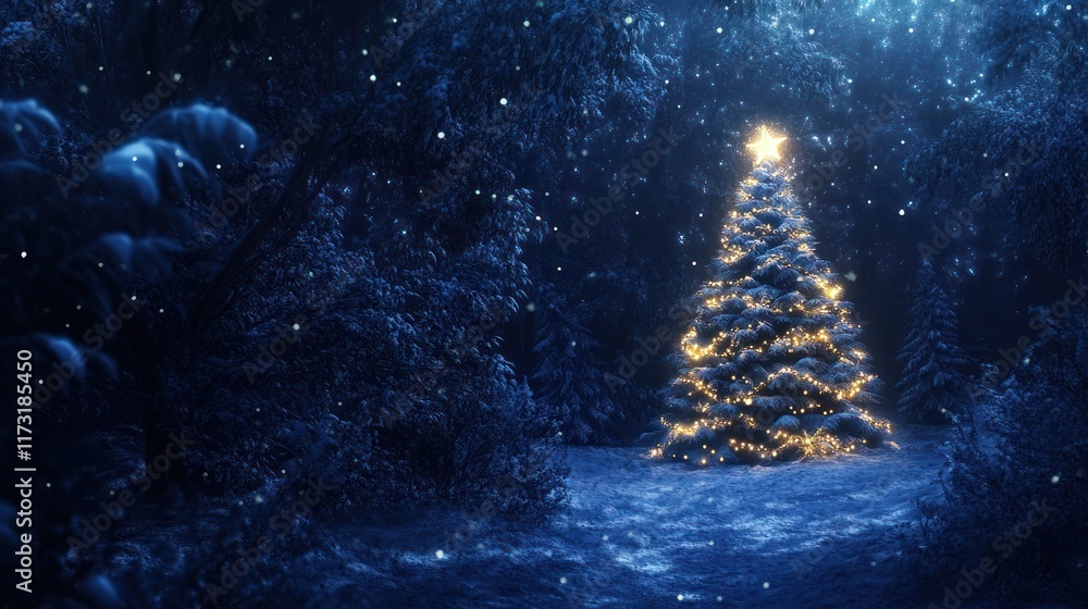 A serene winter scene featuring a glowing Christmas tree in a forest. A serene winter scene featuring a glowing Christmas tree in a forest.