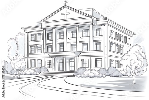 Wallpaper Mural Outline of a hospital building with a cross on a white background Torontodigital.ca