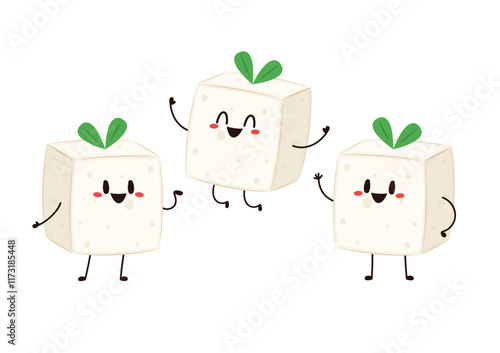Cute tofu cartoon. Happy cute smiling funny tofu. character design. Vegetarian nutrition, healthy food.