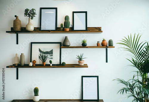 Wood floating shelf with frames and vases on white wall Storage organization for home Interior desig photo