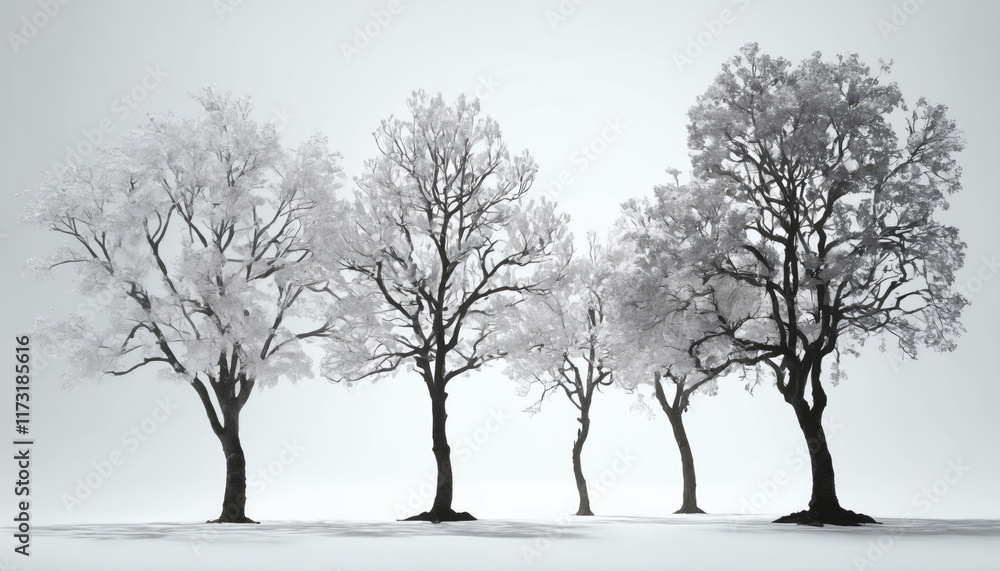 Frost-covered trees stand elegantly in a serene winter landscape under soft, muted light Frost-covered trees stand elegantly in a serene winter landscape under soft, muted light