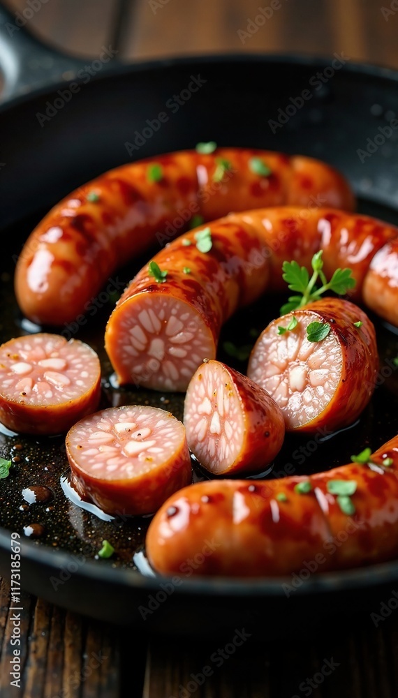Sausage cut cooked with care in a sizzling pan, cooking oil, homemade sausage Sausage cut cooked with care in a sizzling pan, cooking oil, homemade sausage