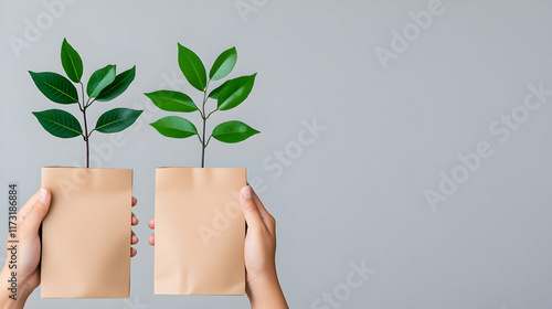 Hands holding reusable shopping bags, filled with Green Monday sale products photo