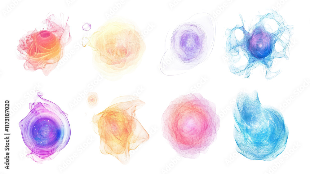 Colorful abstract orbs in vibrant hues floating on a transparent background showcasing creativity and imagination.