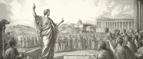 An engraving of an ancient Greek scene, showing the young Timon in a dramatic pose, delivering his speech to the people gathered around him on a sunny day