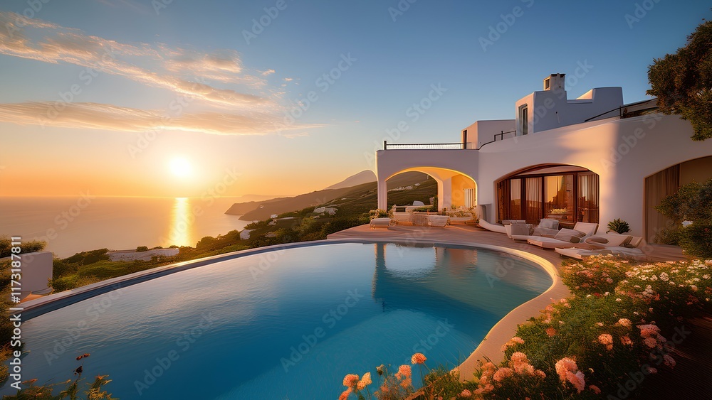 Fototapeta premium Mansion with pool on the shore of the azure sea at sunset. House on the top of the mountain overlooking the sparkling sea.