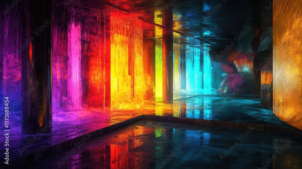 Soft, colorful lighting filling a dark space, reflecting off surfaces to create an ethereal glow Soft, colorful lighting filling a dark space, reflecting off surfaces to create an ethereal glow