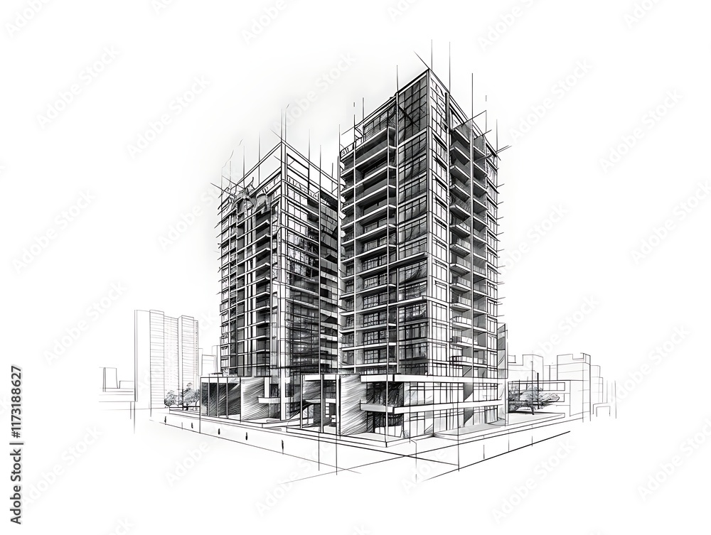 Fototapeta premium Outline of a modern high-rise apartment on a white background
