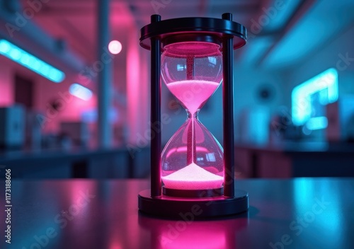 Hourglass filled with pink sand illuminated in a vibrant neon setting photo