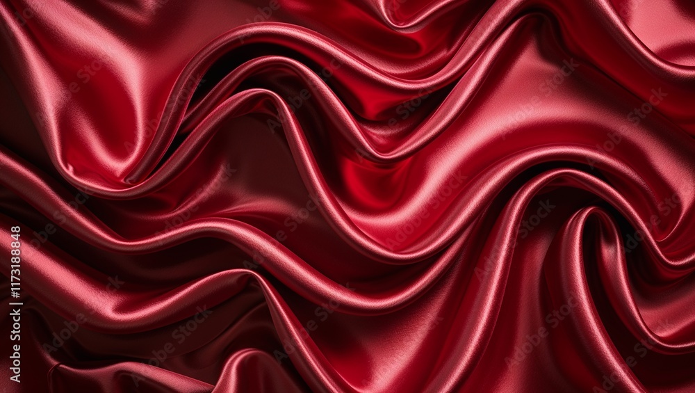 Fototapeta premium A Luxurious Crimson Red Silk Satin Curtain Draped Elegantly, Reflecting Soft Light and Creating a Rich, Opulent Atmosphere in a Stylish Interior