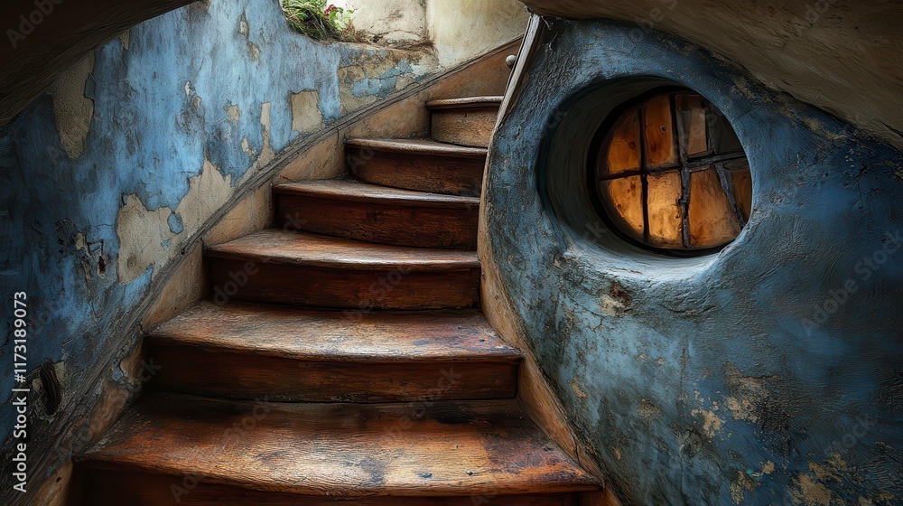 Obraz premium Old wooden spiral staircase with round window in a rustic building.