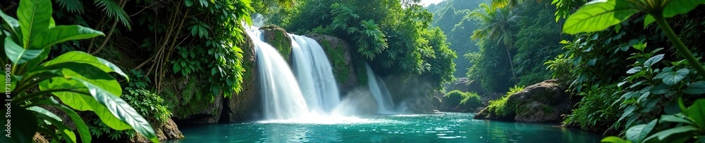 Fototapeta premium Tropical waterfalls cascading down lush greenery, paradise, nature, waterfall
