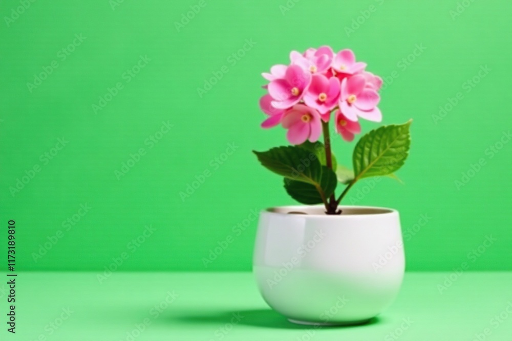 Fototapeta premium White ceramic pot with small hydrangea on green background, whitepot, nature
