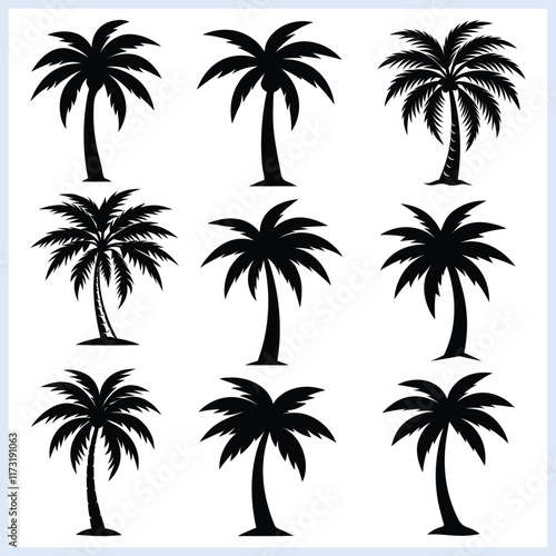 Set of silhouettes of palm tree, Coconut trees vector illustration set on white background, Tropical plants 