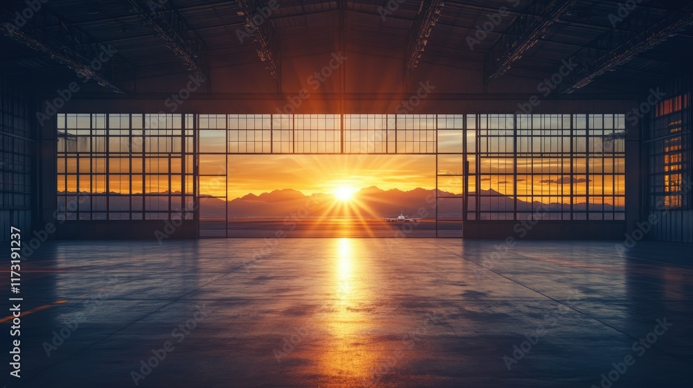 The silhouette of a vast hangar interior with sunlight streaming through, revealing distant mountains and a serene sunset The silhouette of a vast hangar interior with sunlight streaming through, revealing distant mountains and a serene sunset