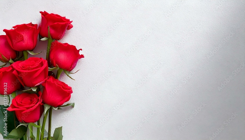 Red rose flower stem bunch flat lay top view on neutral white clean Red rose flower stem bunch flat lay top view on neutral white clean