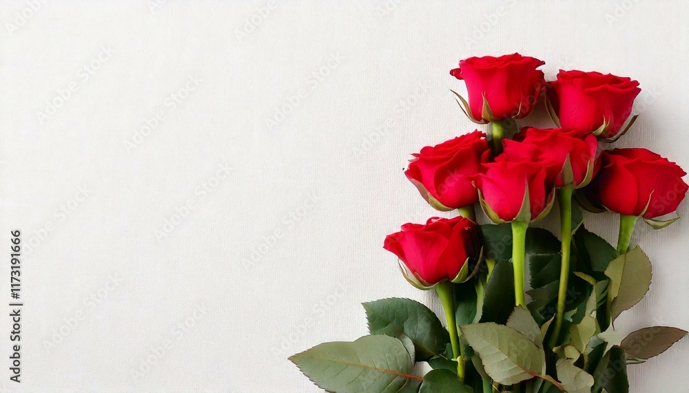 Red rose flower stem bunch flat lay top view on neutral white clean Red rose flower stem bunch flat lay top view on neutral white clean