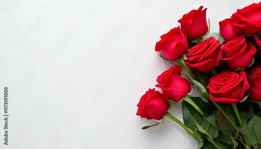 Red rose flower stem bunch flat lay top view on neutral white clean Red rose flower stem bunch flat lay top view on neutral white clean