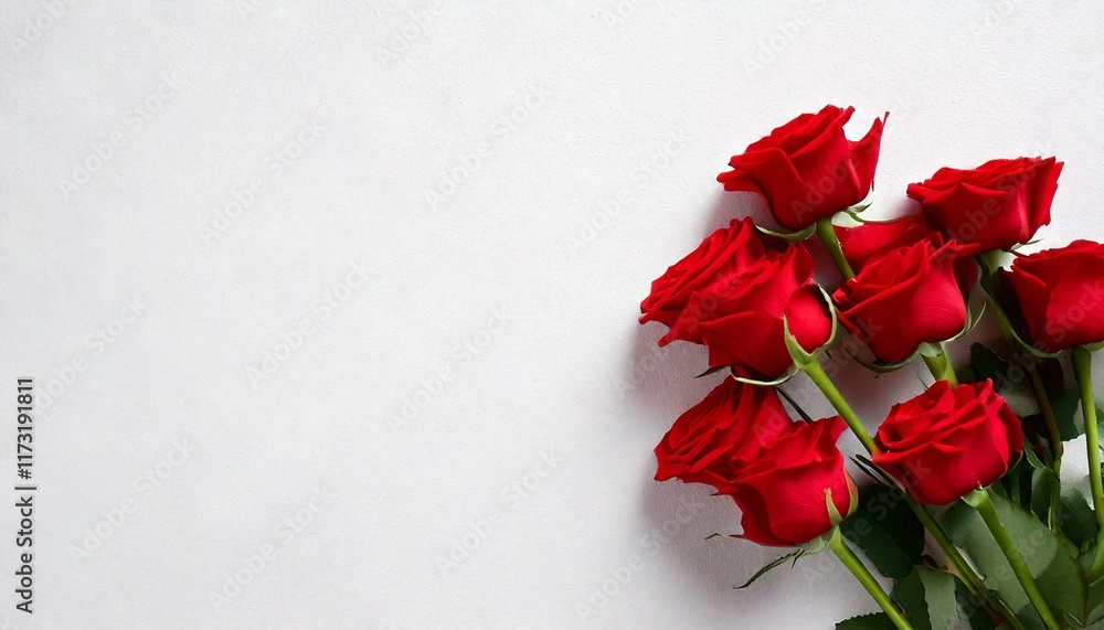 Red rose flower stem bunch flat lay top view on neutral white clean Red rose flower stem bunch flat lay top view on neutral white clean