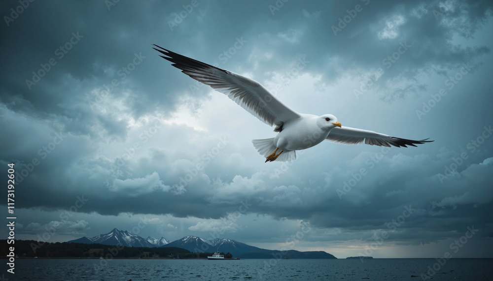 Fototapeta premium Seagull soaring against stormy sky over coastal waters, dramatic atmosphere