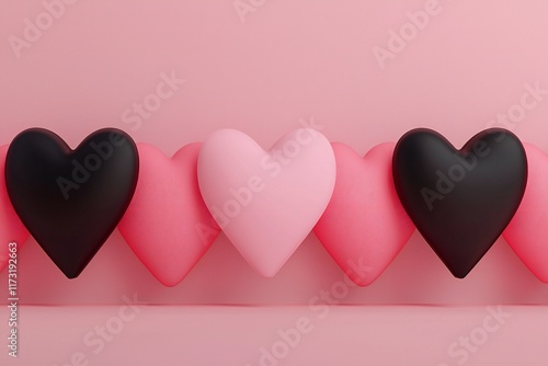 Valentine's Day Pink and Black Hearts Row Valentine s Day Romantic Love Concept 3D Render