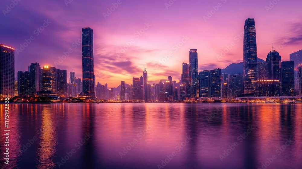 Fototapeta premium Twilight city skyline, featuring iconic landmarks and reflective glass skyscrapers glowing against a vibrant purple-orange sky