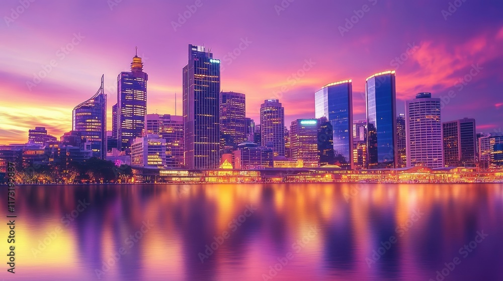 Naklejka premium Twilight city skyline, featuring iconic landmarks and reflective glass skyscrapers glowing against a vibrant purple-orange sky