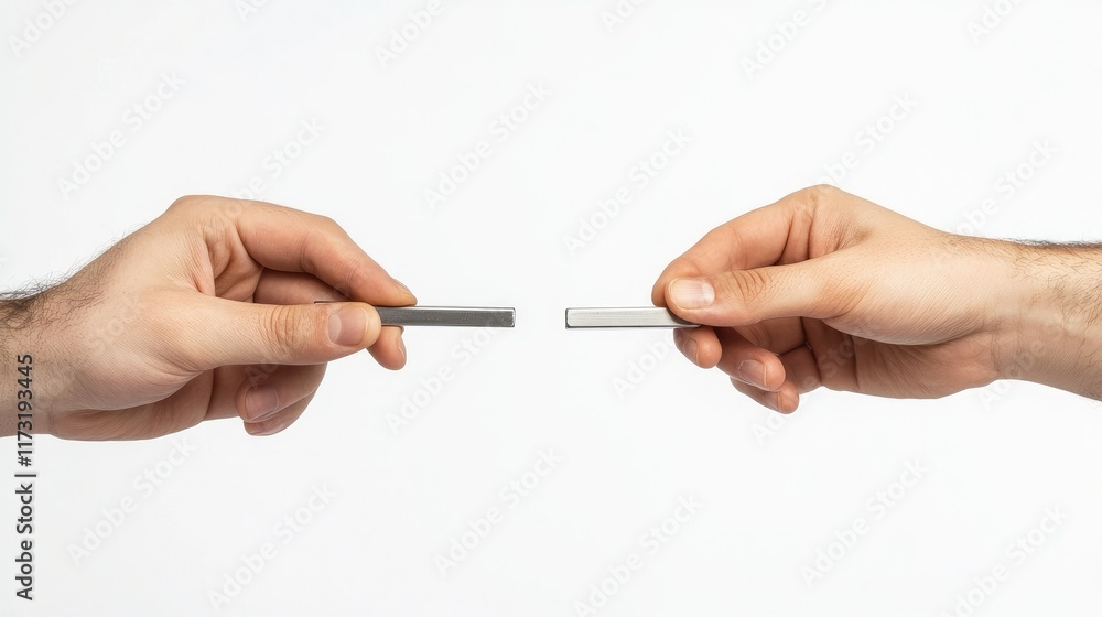 Two hands holding bar magnets slowly approaching each other, demonstrating attraction, on a clean white background Two hands holding bar magnets slowly approaching each other, demonstrating attraction, on a clean white background