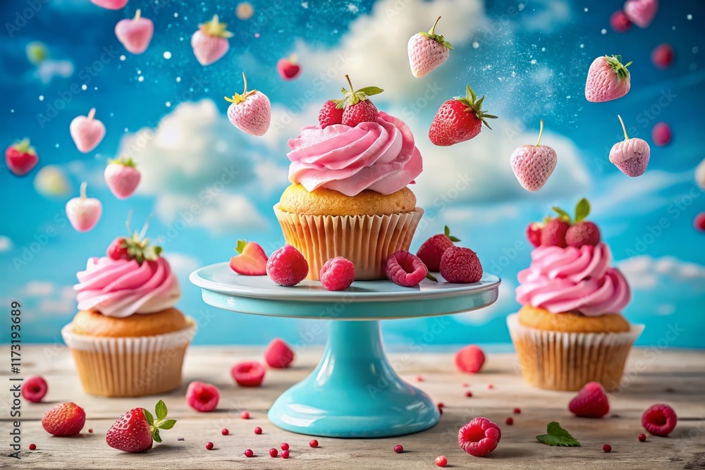 Delicious Raspberry Pink Frosting Cupcakes on Cake Stand, Blue Sky Background Delicious Raspberry Pink Frosting Cupcakes on Cake Stand, Blue Sky Background