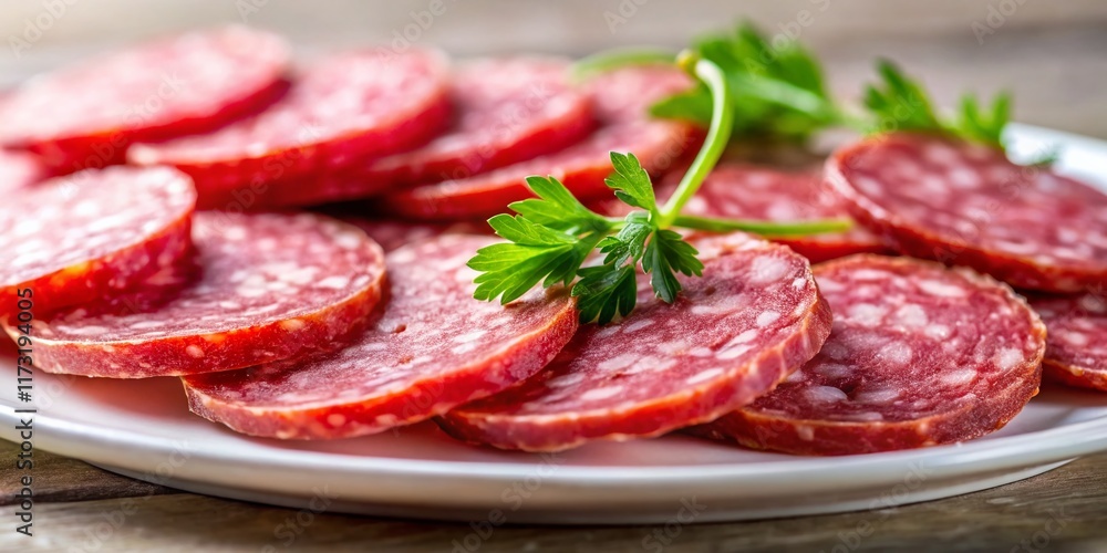 Delicious Salami Slices on a Plate - Close-Up Tilt-Shift Photo Delicious Salami Slices on a Plate - Close-Up Tilt-Shift Photo
