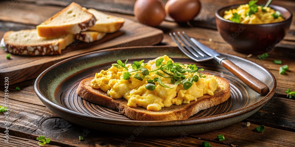 Delicious Scrambled Eggs with Toast on Rustic Wooden Table - Stock Photo Delicious Scrambled Eggs with Toast on Rustic Wooden Table - Stock Photo