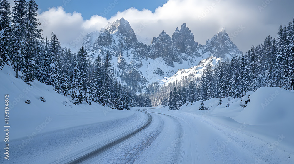 Fototapeta premium A snowy mountain pass, with ominous clouds rolling in as the background, during an impending winter storm