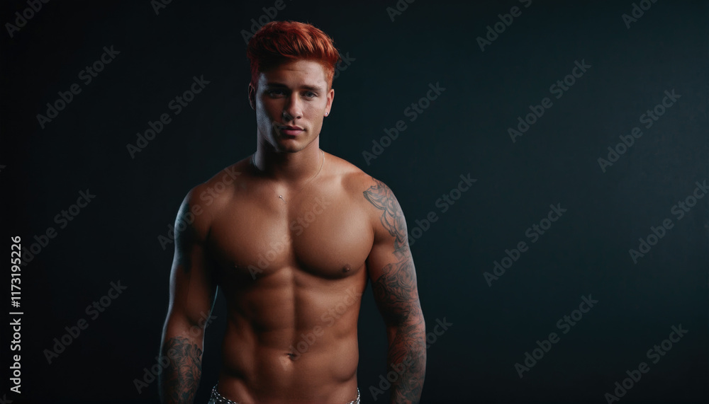 Fototapeta premium Muscular man posing confidently in a studio with dramatic lighting showcasing his tattoos and physique
