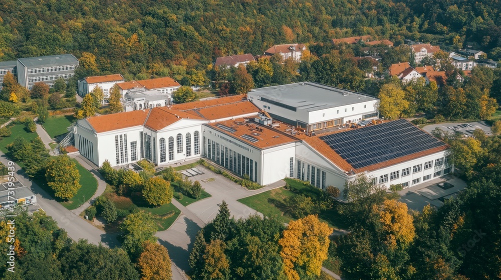 Modern Building with Solar Panels Surrounded by Autumn Landscape Modern Building with Solar Panels Surrounded by Autumn Landscape