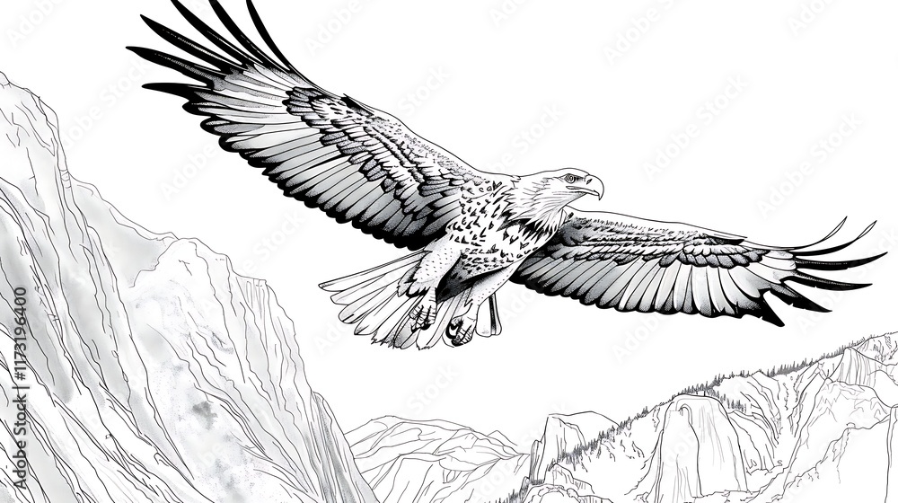 Obraz premium Outline of an eagle soaring above a canyon on a white background