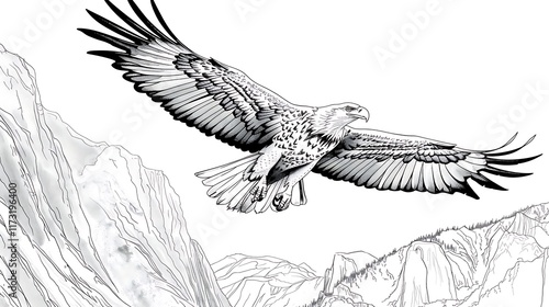 Outline of an eagle soaring above a canyon on a white background