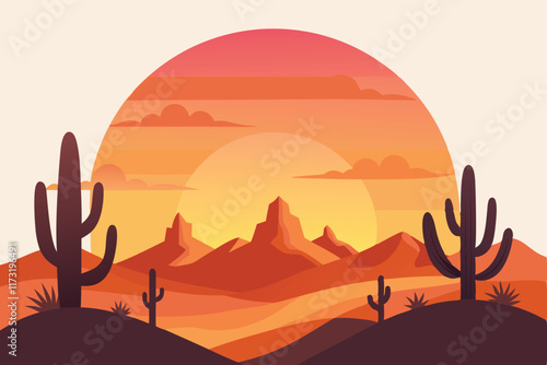 A minimalist colourfull image serene desert landscape with cacti and a sunset B.eps