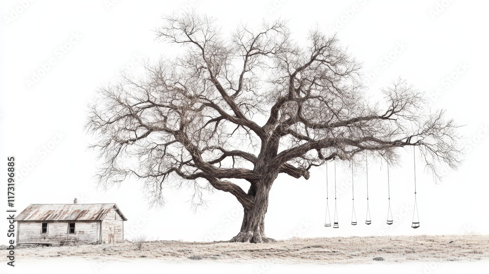 Abandoned Farmhouse Near Bare Tree With Swings Abandoned Farmhouse Near Bare Tree With Swings