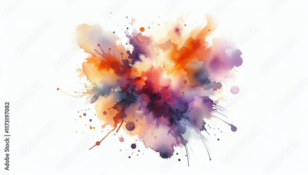 A vibrant watercolor splash with a mix of orange, purple and blue hues. The abstract composition features dynamic splatters and gradients, creating a visually striking and energetic piece of art. A vibrant watercolor splash with a mix of orange, purple and blue hues. The abstract composition features dynamic splatters and gradients, creating a visually striking and energetic piece of art.