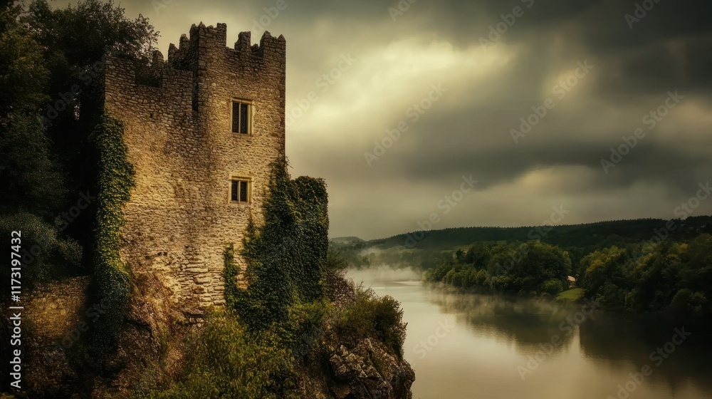 Ancient Stone Castle on a Misty Riverbank Ancient Stone Castle on a Misty Riverbank