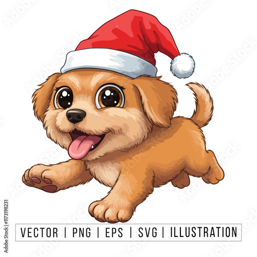 Cute Golden Retriever Puppy in Santa Hat - Christmas Cartoon Vector Illustration