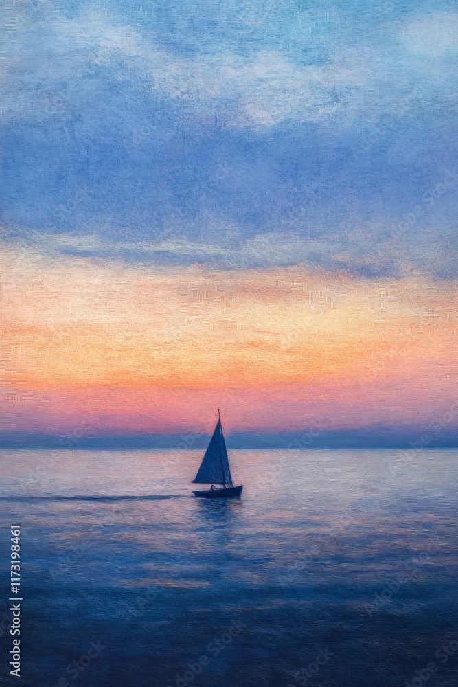 Fototapeta premium Sailboat at sunset on calm ocean waters with vibrant sky colors