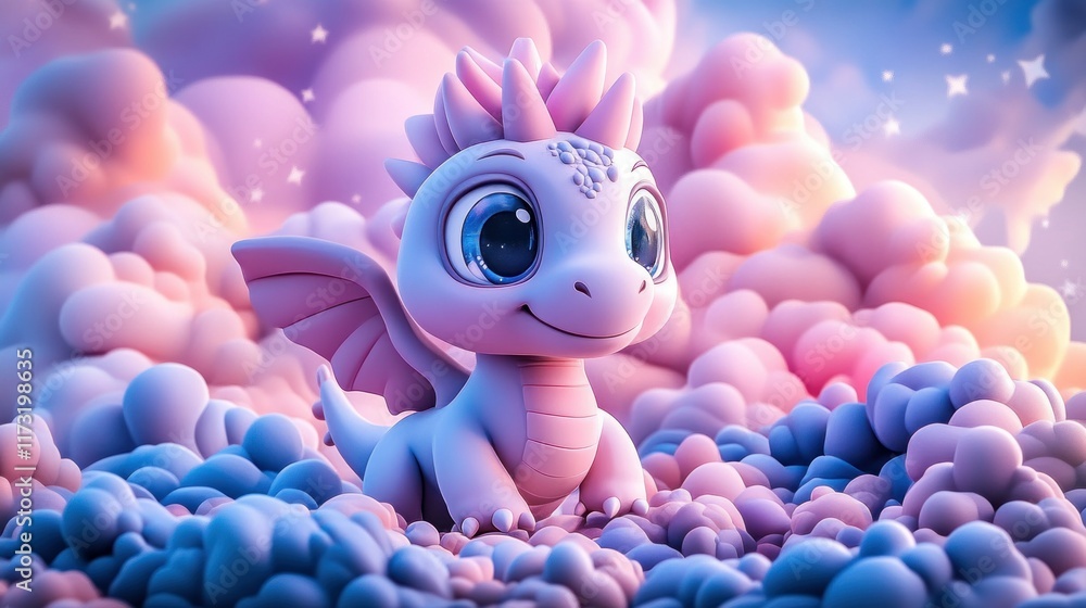 A cute, pink baby dragon with large blue eyes sits on a fluffy cloud, surrounded by more clouds and sparkling stars in the background. A cute, pink baby dragon with large blue eyes sits on a fluffy cloud, surrounded by more clouds and sparkling stars in the background.