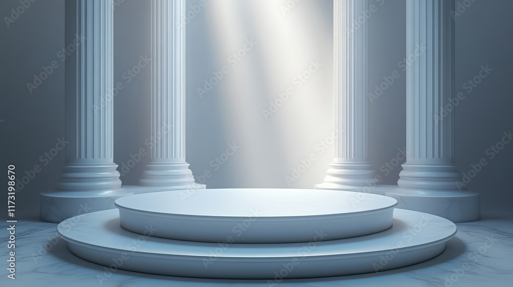 A minimalistic scene featuring a circular pedestal surrounded by elegant columns, illuminated by soft light, suggesting a serene and grand atmosphere. A minimalistic scene featuring a circular pedestal surrounded by elegant columns, illuminated by soft light, suggesting a serene and grand atmosphere.