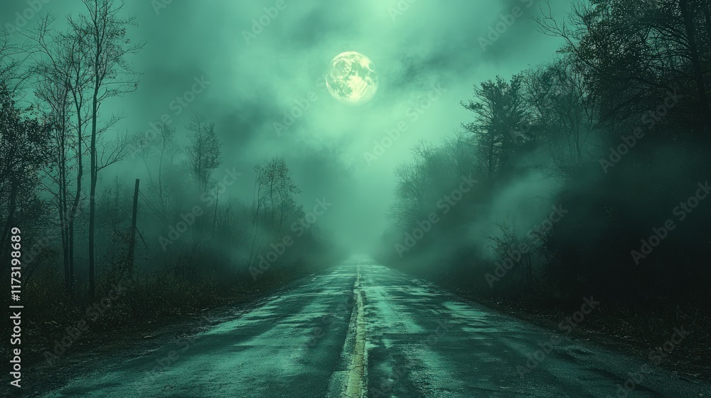 Foggy road at night under a full moon. Foggy road at night under a full moon.