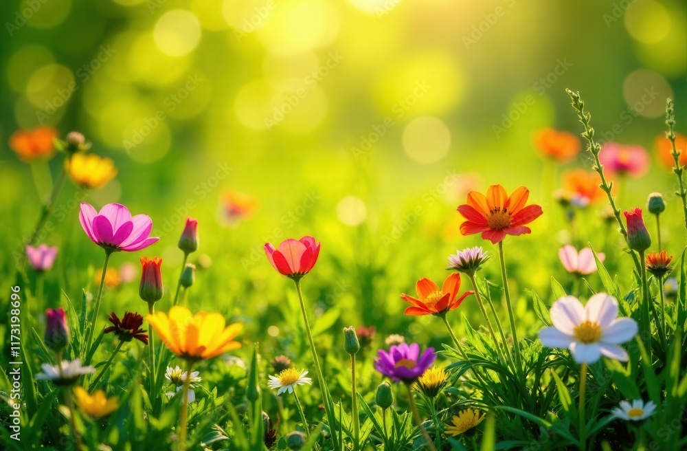 sunlit meadow filled with vibrant green grass and colorful flowers, outdoor setting in spring, sunlit meadow background sunlit meadow filled with vibrant green grass and colorful flowers, outdoor setting in spring, sunlit meadow background