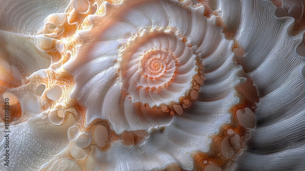 A stunning close-up of a spiral seashell, showcasing intricate patterns and natural colors, embodying the beauty of marine life. A stunning close-up of a spiral seashell, showcasing intricate patterns and natural colors, embodying the beauty of marine life.