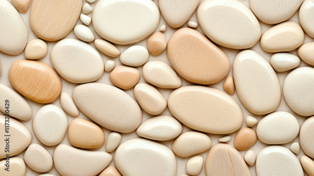Smooth latte tone pebbles with precise surface textures arranged in harmonious pattern, creating natural and calming aesthetic Smooth latte tone pebbles with precise surface textures arranged in harmonious pattern, creating natural and calming aesthetic