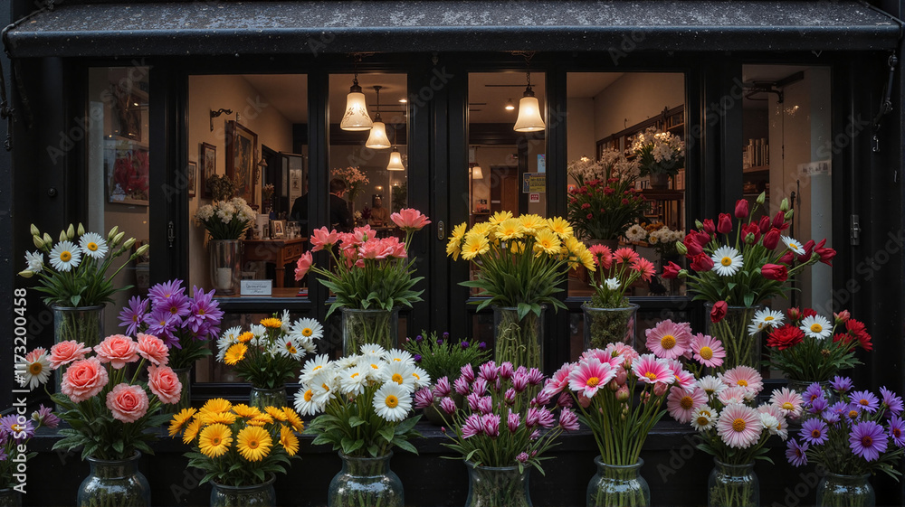 Obraz premium Flower shop window with colorful bouquets