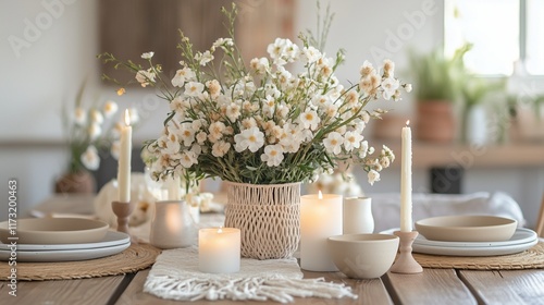 Wallpaper Mural An inviting dining table is elegantly arranged for Easter celebrations. Macrame centerpiece, cream candles, ceramic dishes, and muted floral touches create a charming atmosphere for the gathering. Torontodigital.ca